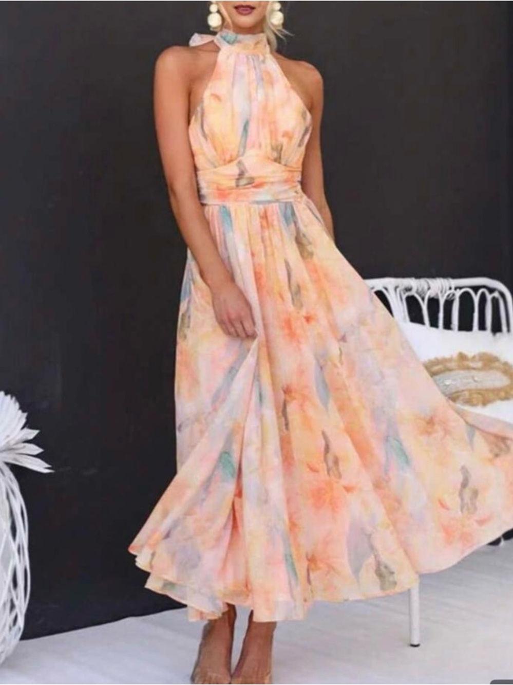 Halter-Neck Floral Watercolor Midi Dress in Peach